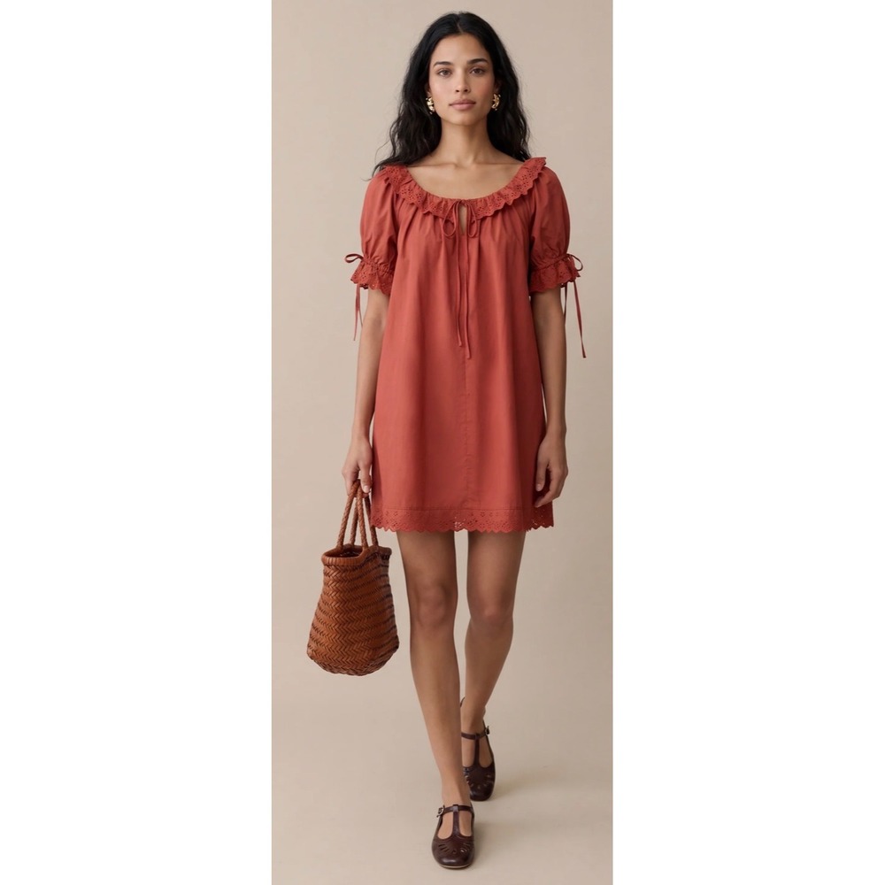 Few Moda Kourt Women Rust Red Eyelet Lace Trim Cotton Mini Dress K25WDRS04100 XS